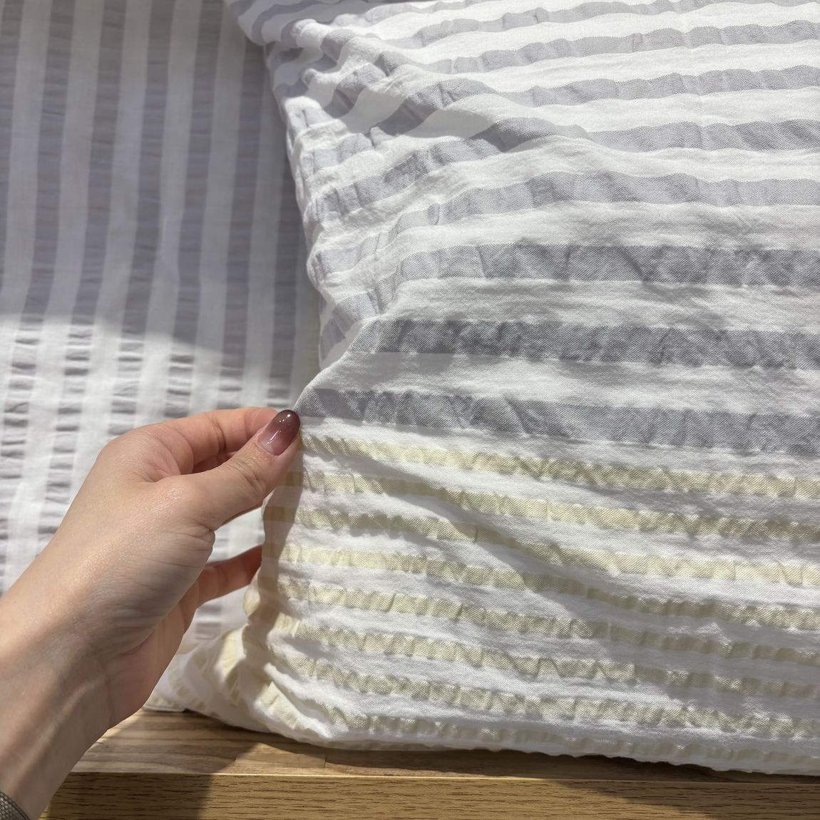 無印良品 綿 サッカー織 グリーンストライプ　3点セット させぼ五番街】ファブリック｜これからの季節に、サッカー織の